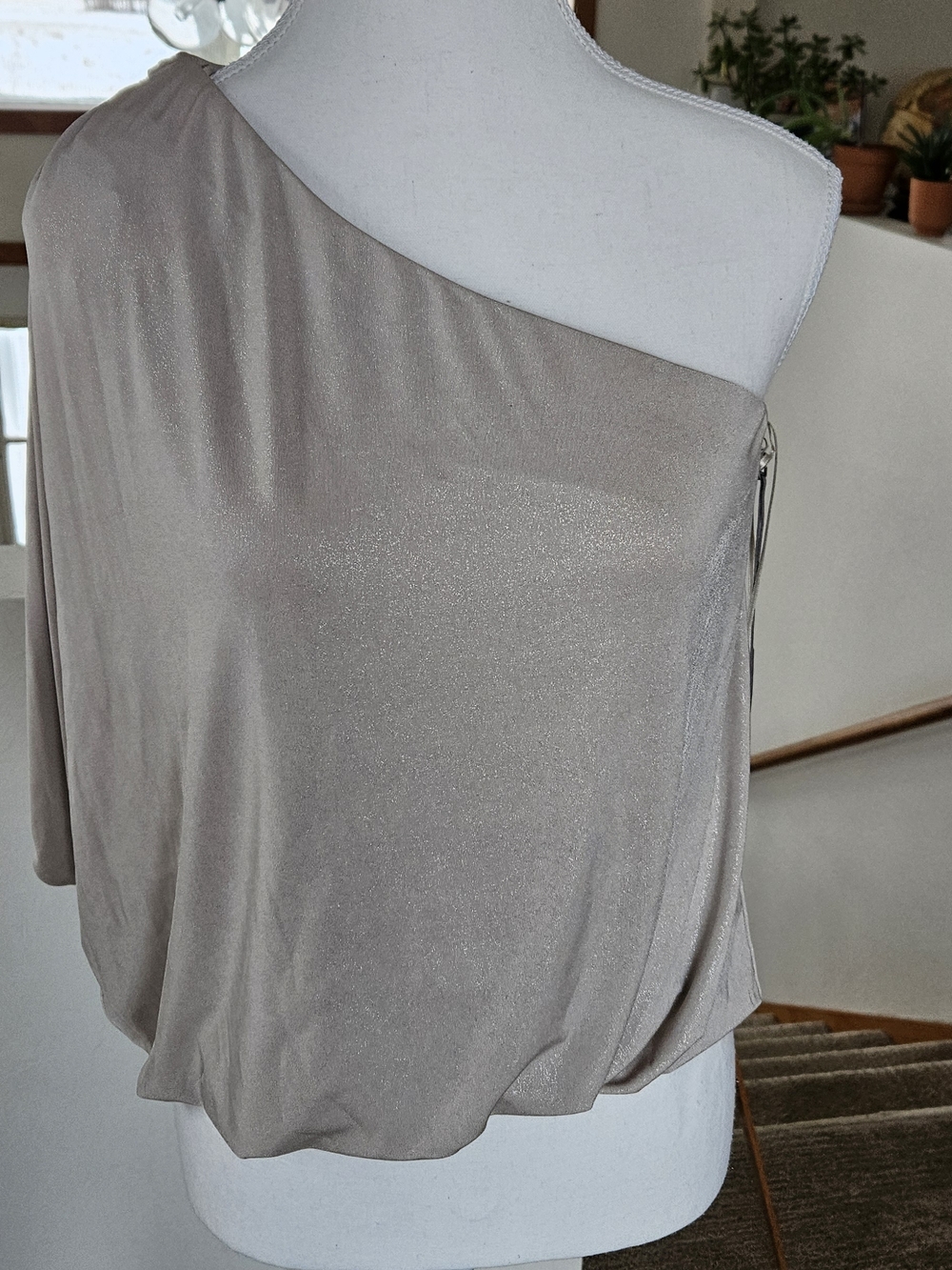 Jennifer Lopez One-Shoulder Shimmery Taupe Top